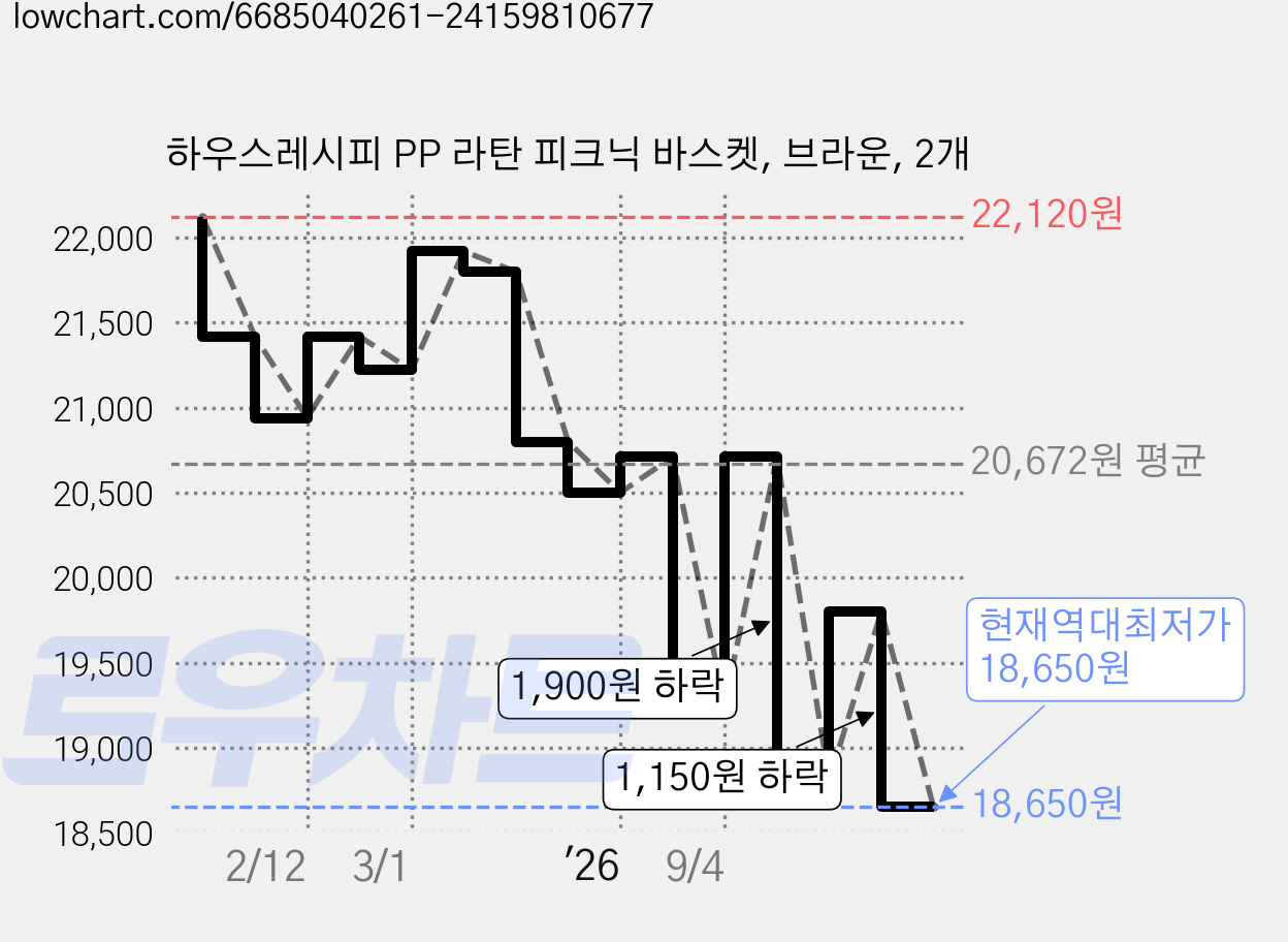 하우스레시피 PP 라탄 피크닉 바스켓, 브라운, 2개 가격 변동 차트, 현재가 18,650원, 역대최저가