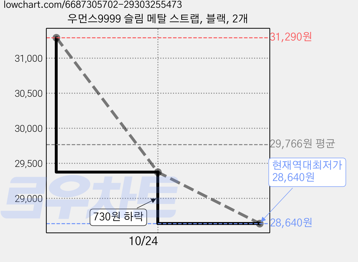 우먼스9999 슬림 메탈 스트랩, 블랙, 2개 가격 변동 차트, 현재가 28,640원, 역대최저가