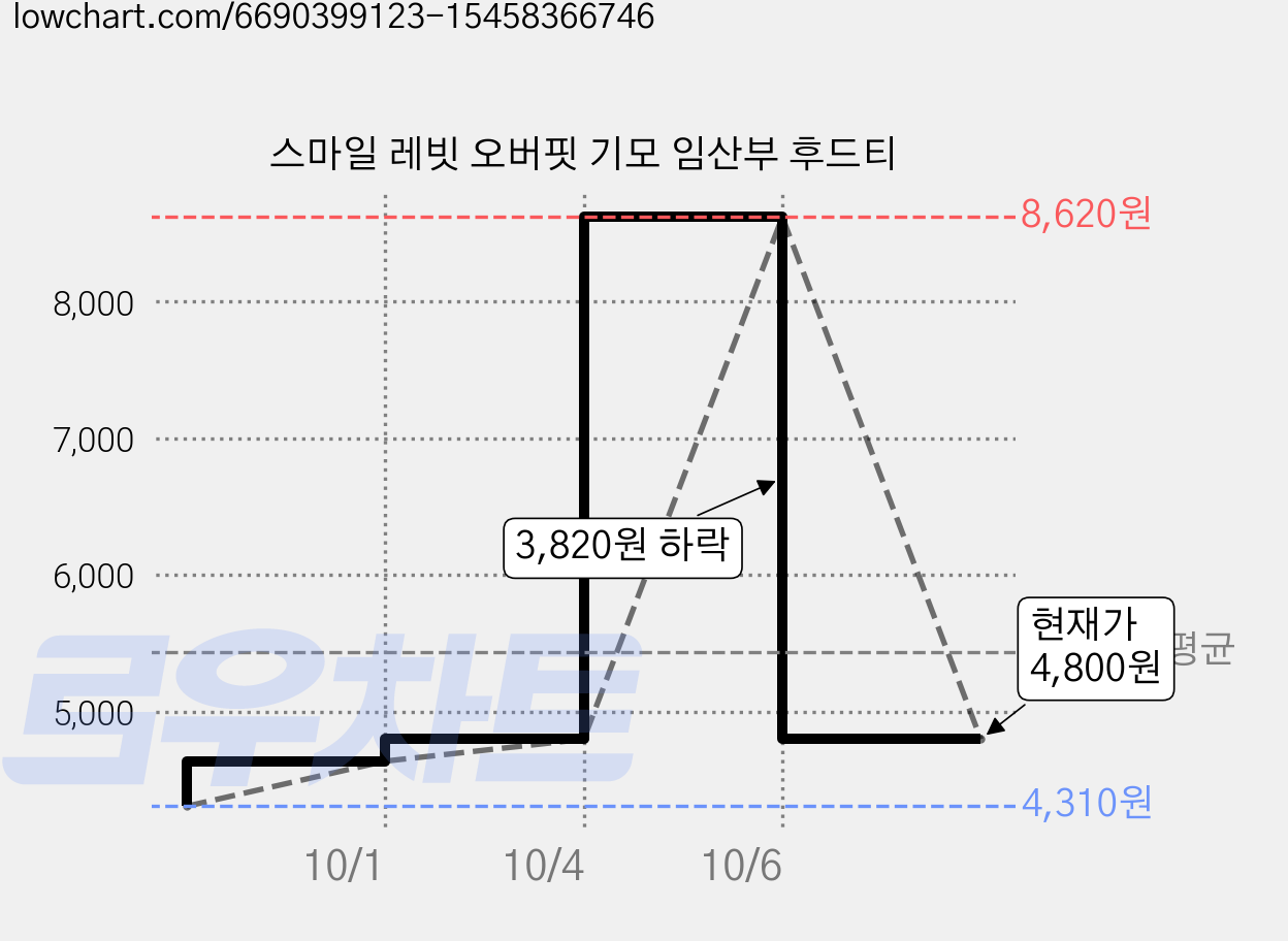 스마일 레빗 오버핏 기모 임산부 후드티 가격 변동 차트, 현재가 4,800원, 관측 최저가 4,310원