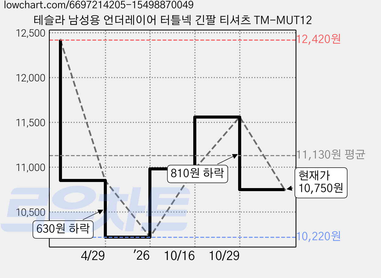 테슬라 남성용 언더레이어 터틀넥 긴팔 티셔츠 TM-MUT12 가격 변동 차트, 현재가 10,750원, 관측 최저가 10,220원