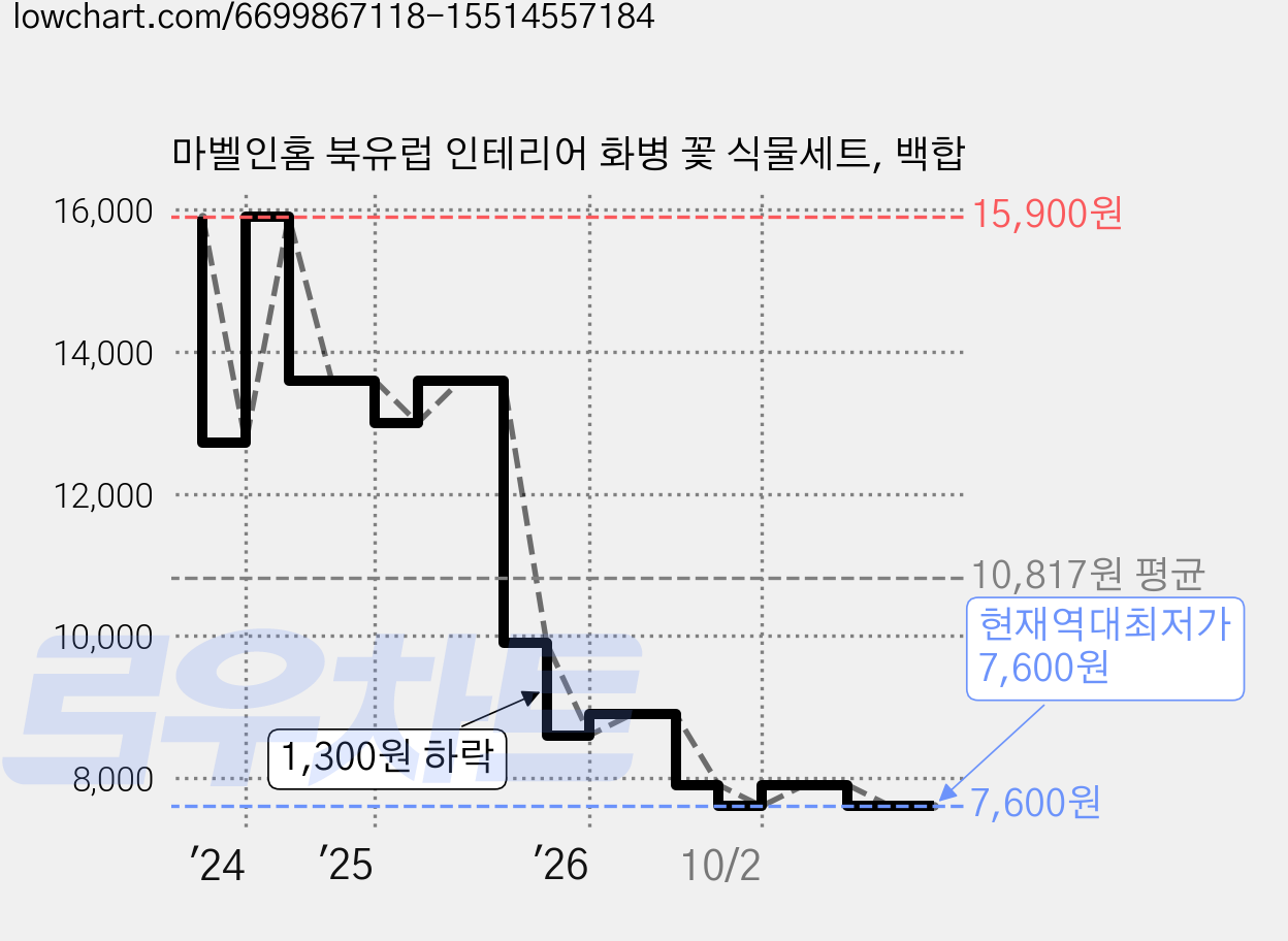 마벨인홈 북유럽 인테리어 화병 꽃 식물세트, 백합 가격 변동 차트, 현재가 7,600원, 역대최저가