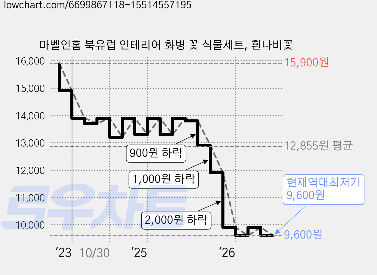마벨인홈 북유럽 인테리어 화병 꽃 식물세트, 흰나비꽃 가격 변동 차트, 현재가 9,600원, 역대최저가