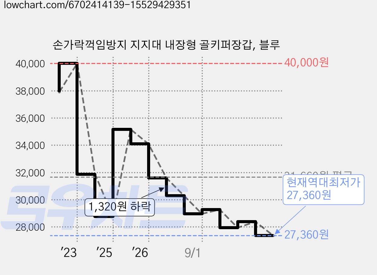 손가락꺽임방지 지지대 내장형 골키퍼장갑, 블루 가격 변동 차트, 현재가 27,360원, 역대최저가