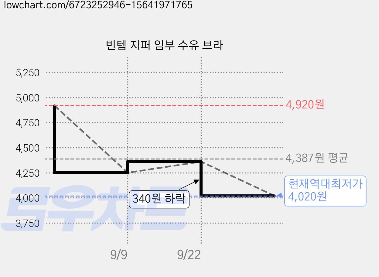 빈템 지퍼 임부 수유 브라 가격 변동 차트, 현재가 4,020원, 역대최저가