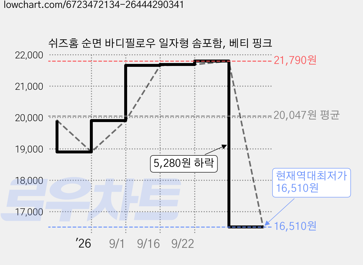쉬즈홈 순면 바디필로우 일자형 솜포함, 베티 핑크 가격 변동 차트, 현재가 16,510원, 역대최저가