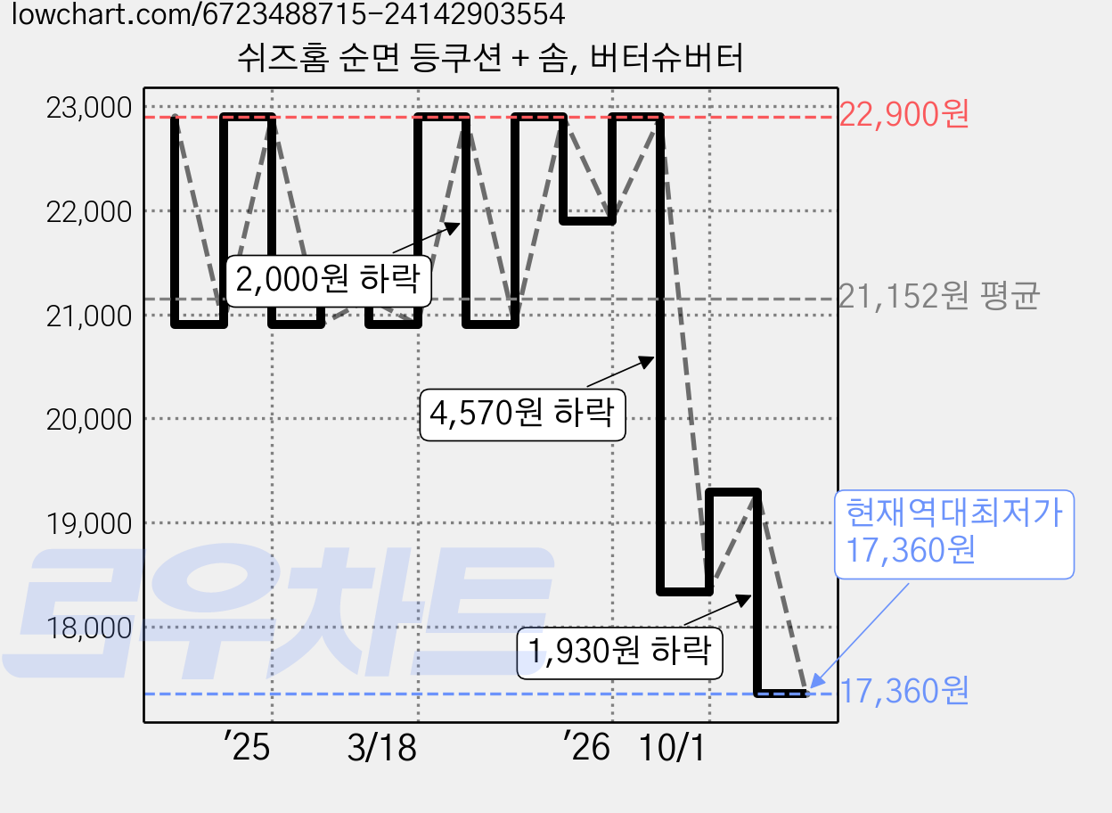 쉬즈홈 순면 등쿠션 + 솜, 버터슈버터 가격 변동 차트, 현재가 17,360원, 역대최저가