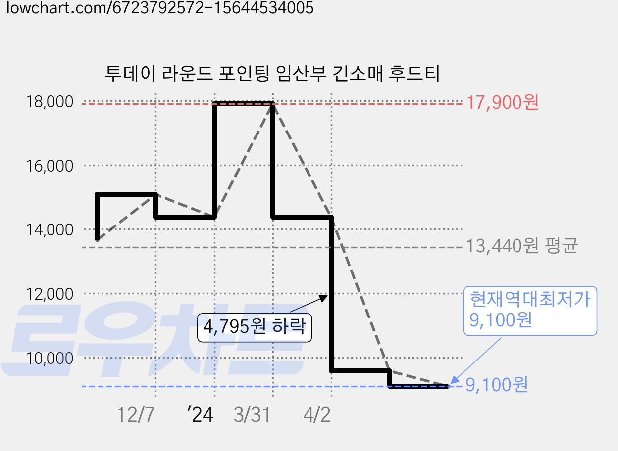 투데이 라운드 포인팅 임산부 긴소매 후드티 가격 변동 차트, 현재가 9,100원, 역대최저가
