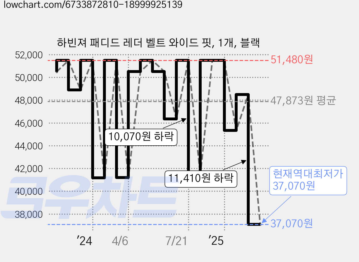 하빈져 패디드 레더 벨트 와이드 핏, 1개, 블랙 가격 변동 차트, 현재가 37,070원, 역대최저가