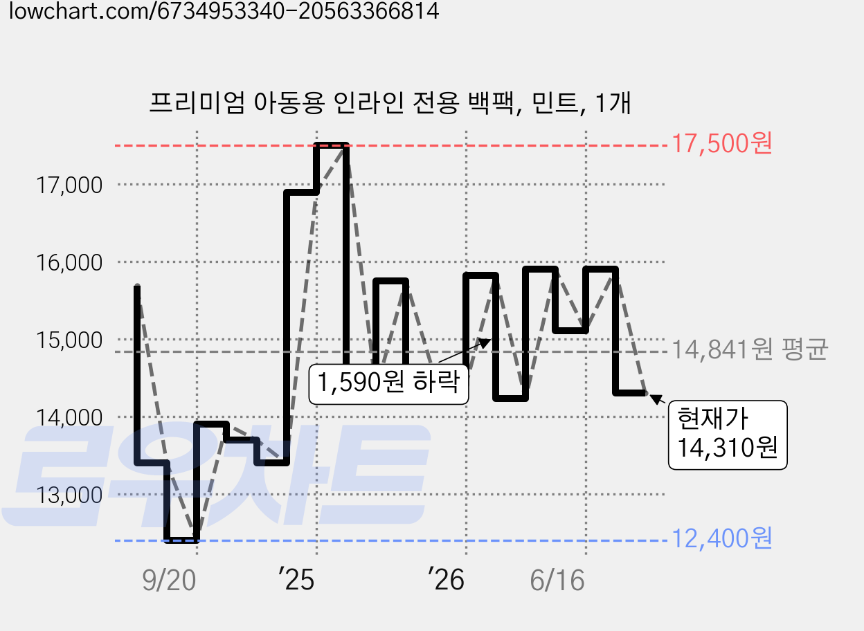 프리미엄 아동용 인라인 전용 백팩, 민트, 1개 가격 변동 차트, 현재가 14,310원, 관측 최저가 12,400원