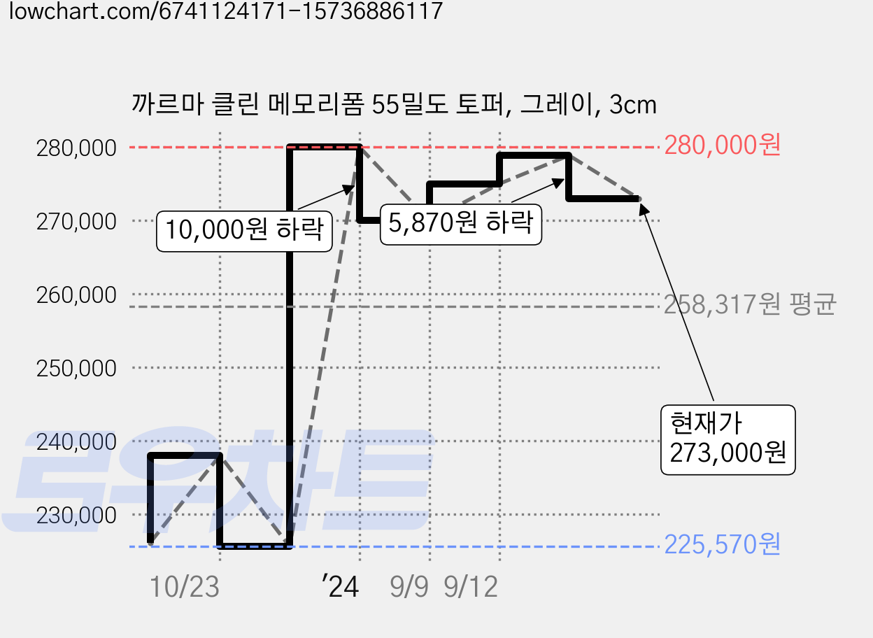 까르마 클린 메모리폼 55밀도 토퍼, 그레이, 3cm 가격 변동 차트, 현재가 273,000원, 관측 최저가 224,000원
