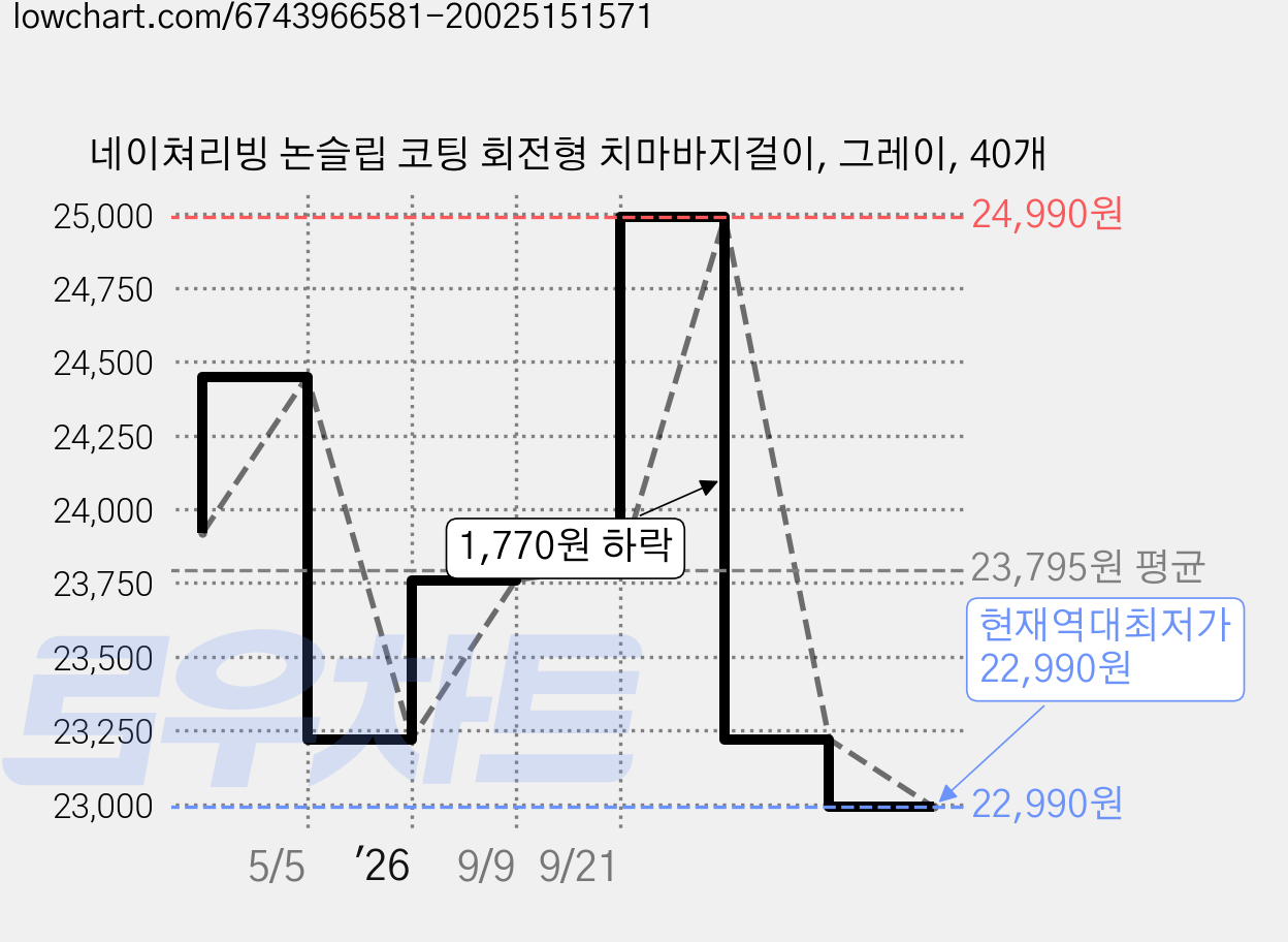 네이쳐리빙 논슬립 코팅 회전형 치마바지걸이, 그레이, 40개 가격 변동 차트, 현재가 22,990원, 역대최저가