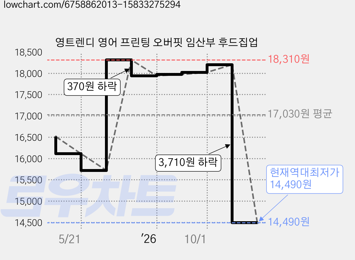 영트렌디 영어 프린팅 오버핏 임산부 후드집업 가격 변동 차트, 현재가 14,490원, 역대최저가