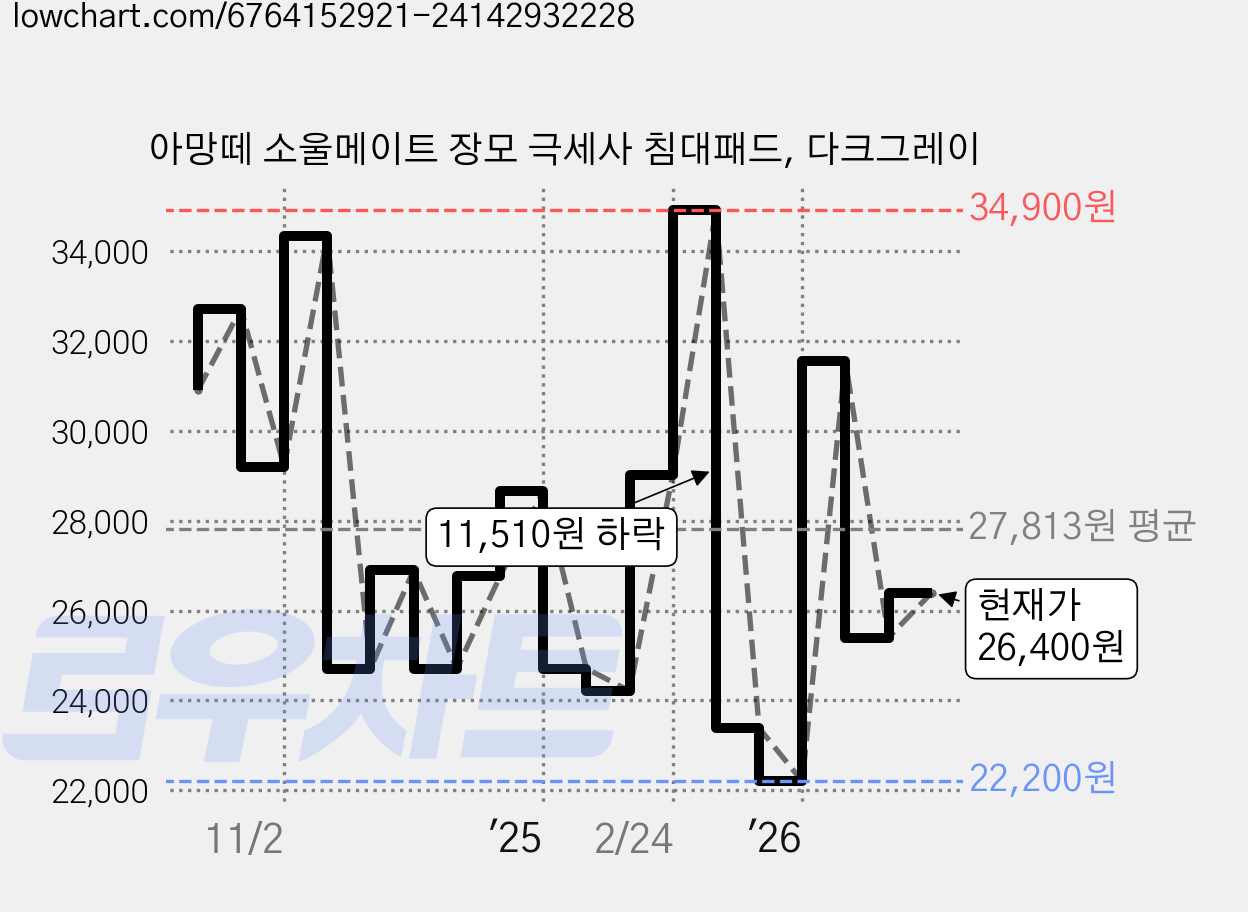아망떼 소울메이트 장모 극세사 침대패드, 다크그레이 가격 변동 차트, 현재가 26,400원, 관측 최저가 22,010원