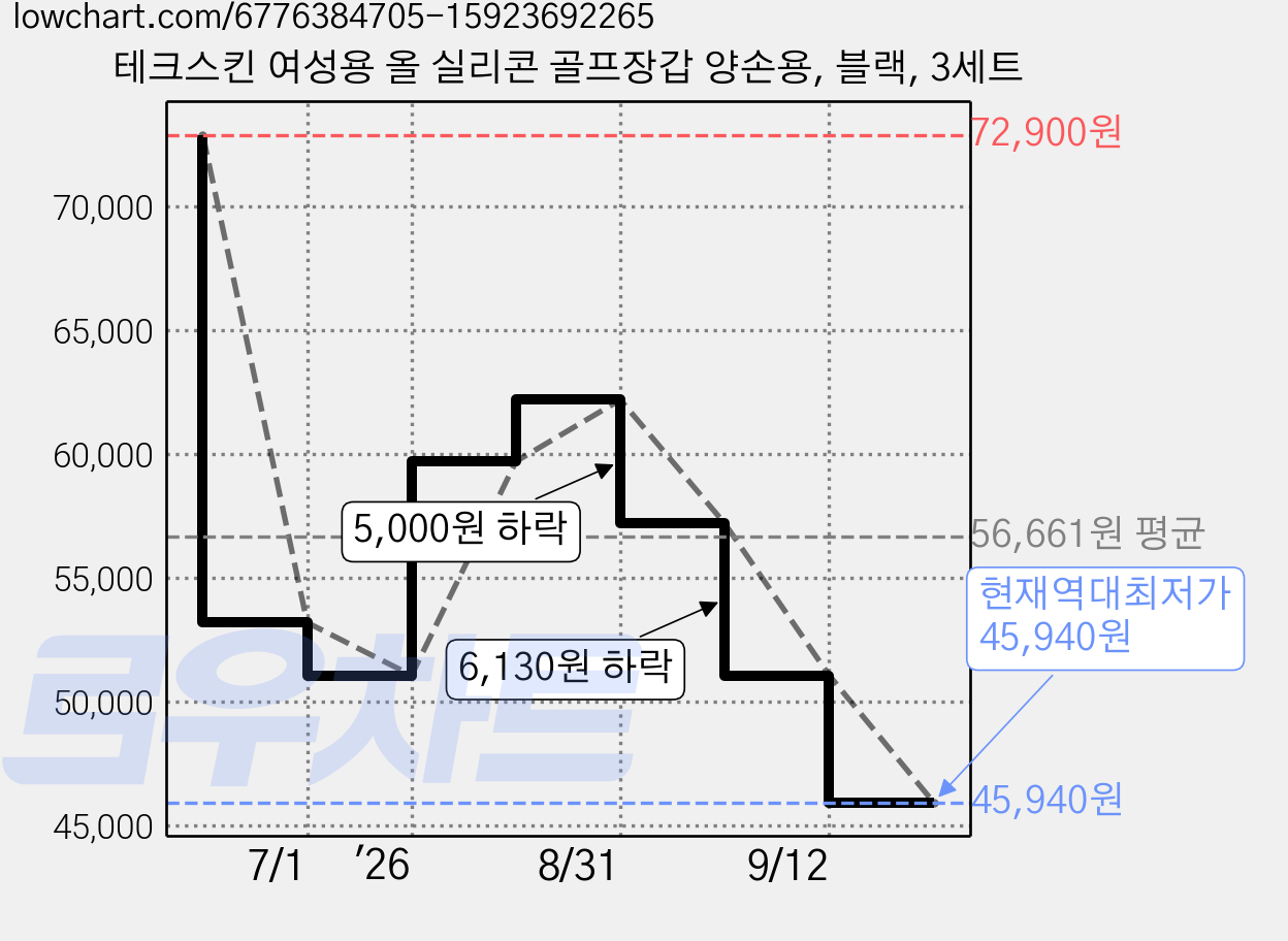 테크스킨 여성용 올 실리콘 골프장갑 양손용, 블랙, 3세트 가격 변동 차트, 현재가 45,940원, 역대최저가