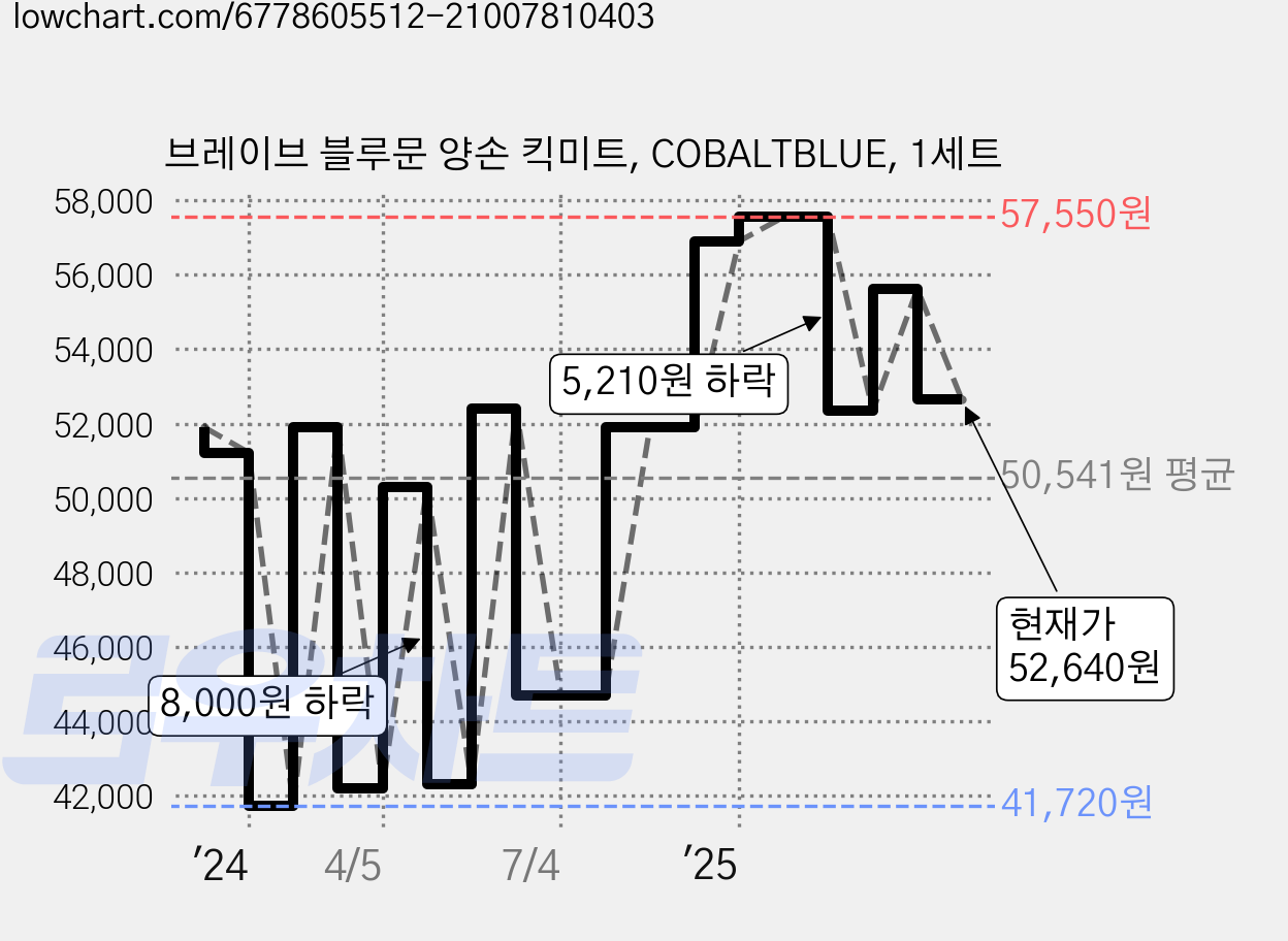 브레이브 블루문 양손 킥미트, COBALTBLUE, 1세트 가격 변동 차트, 현재가 52,640원, 관측 최저가 41,720원