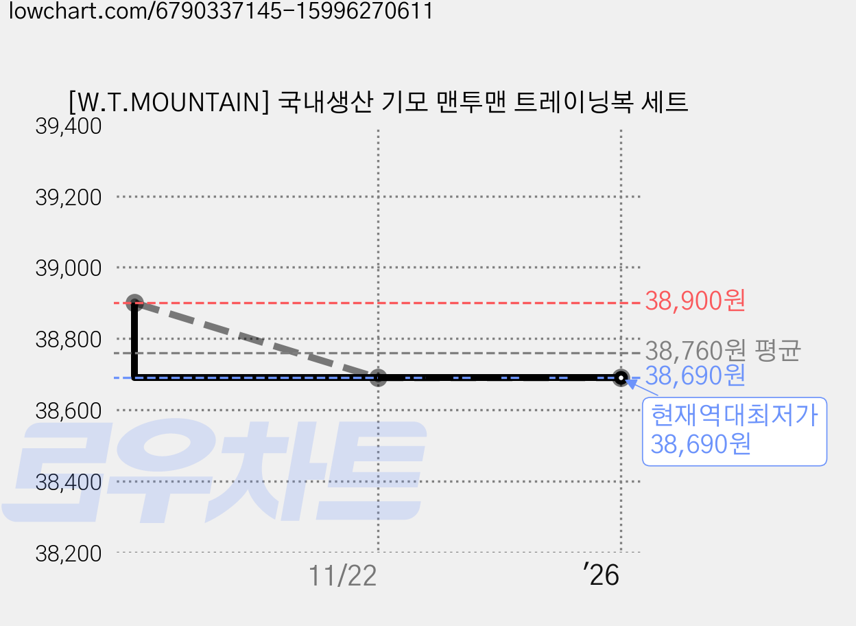 [W.T.MOUNTAIN] 국내생산 기모 맨투맨 트레이닝복 세트 가격 변동 차트, 현재가 38,690원, 역대최저가