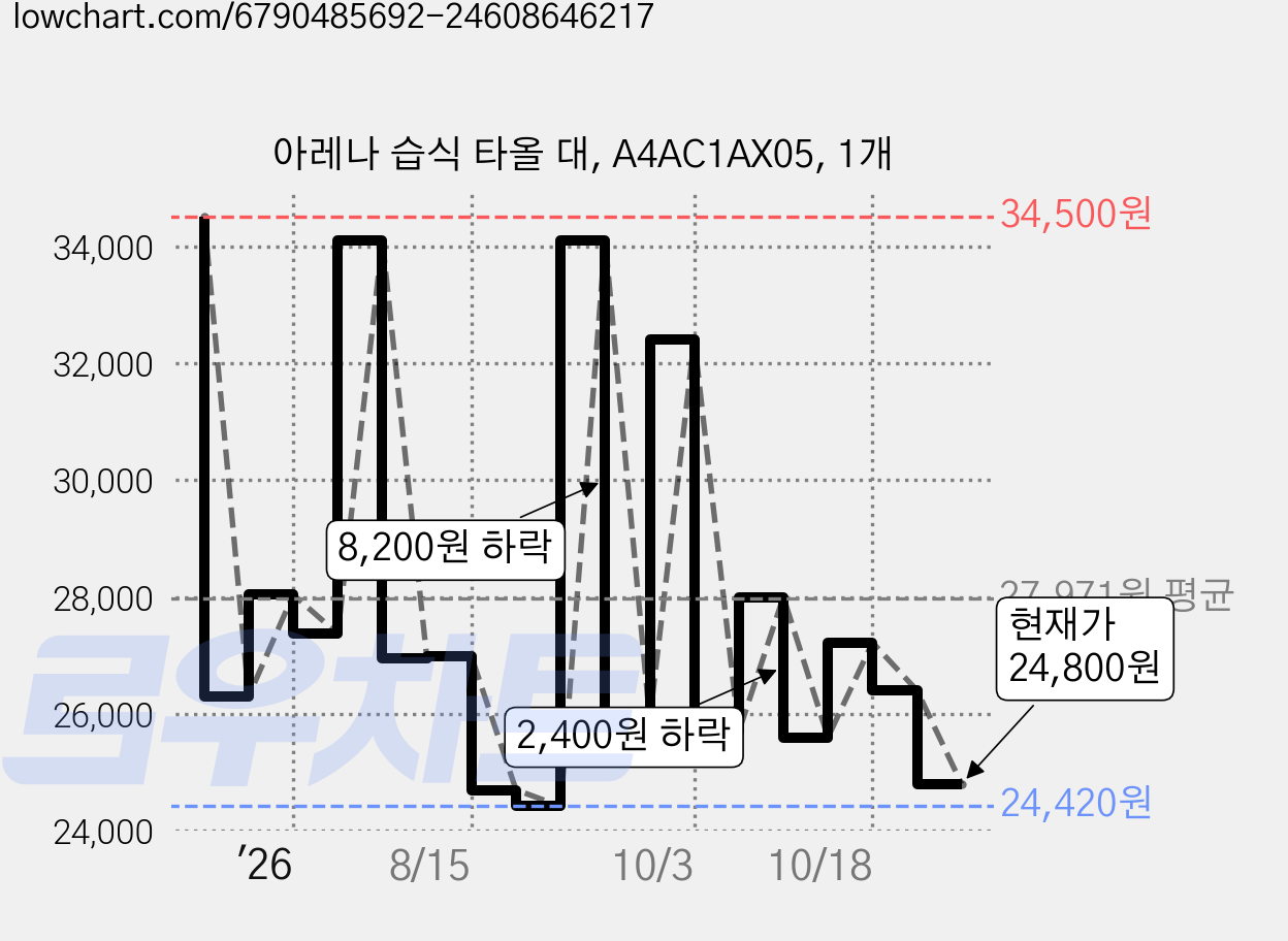아레나 습식 타올 대, A4AC1AX05, 1개 가격 변동 차트, 현재가 24,800원, 관측 최저가 24,420원