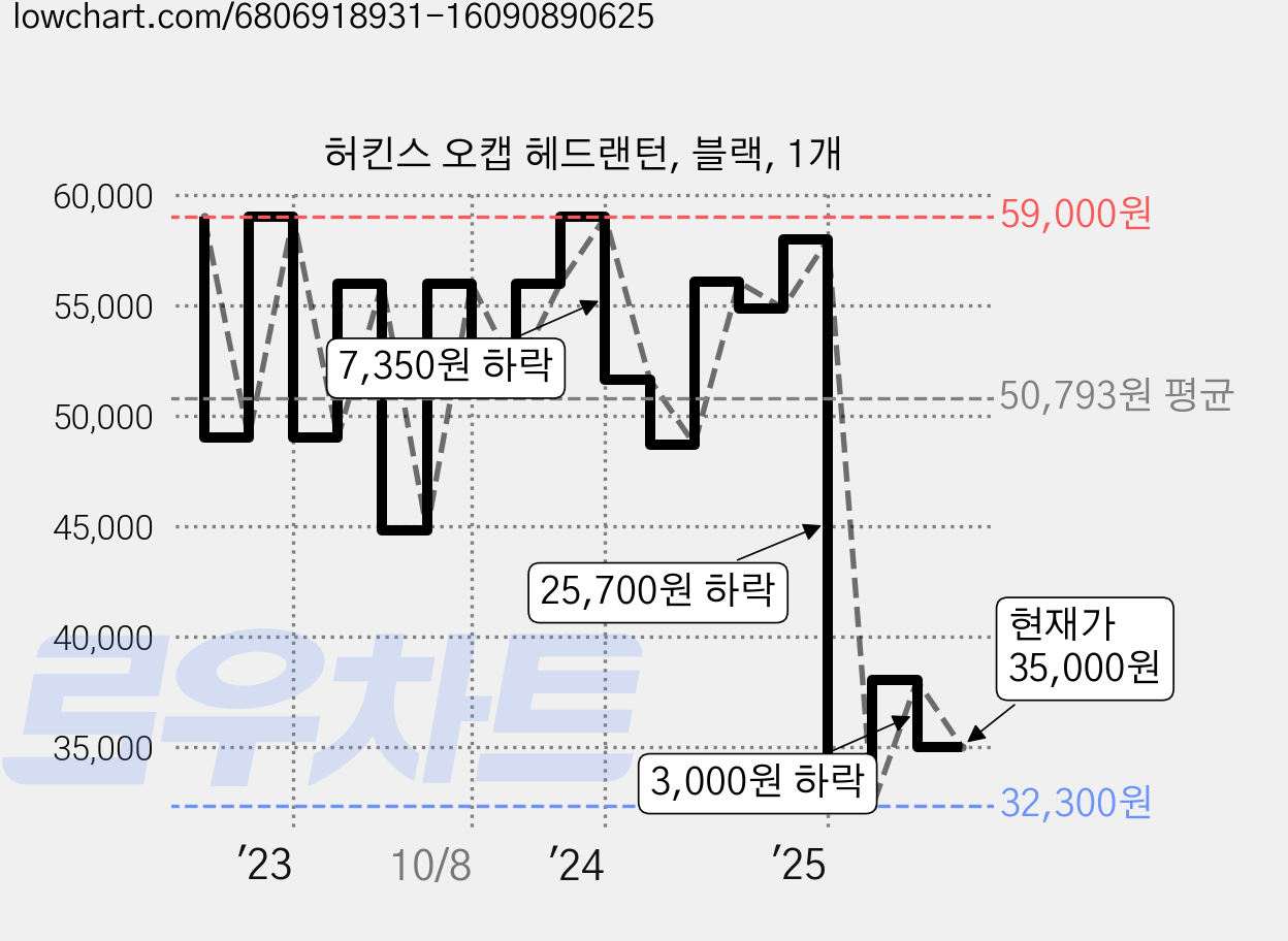 허킨스 오캡 헤드랜턴, 블랙, 1개 가격 변동 차트, 현재가 35,000원, 관측 최저가 32,300원