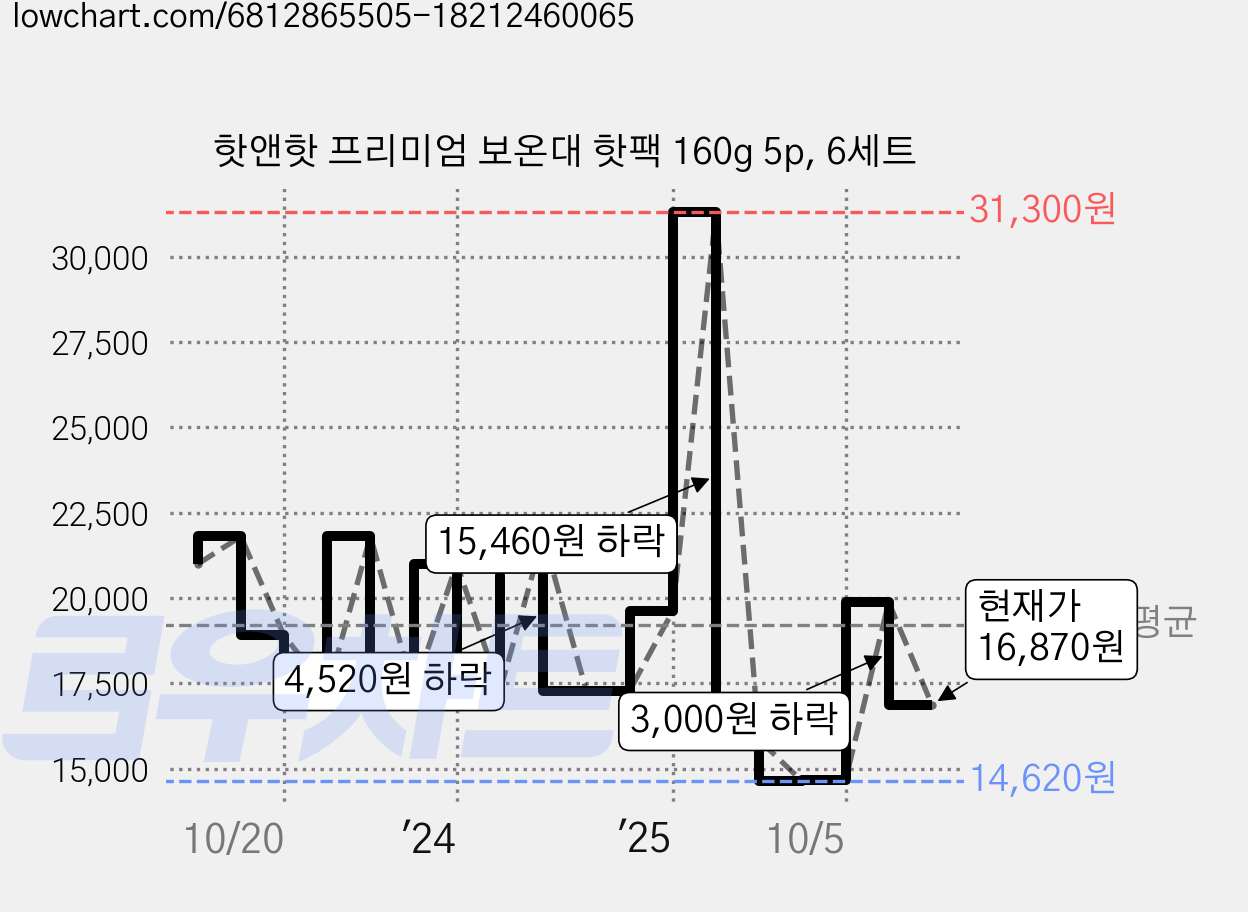 핫앤핫 프리미엄 보온대 핫팩 160g 5p, 6세트 가격 변동 차트, 현재가 16,870원, 관측 최저가 14,510원