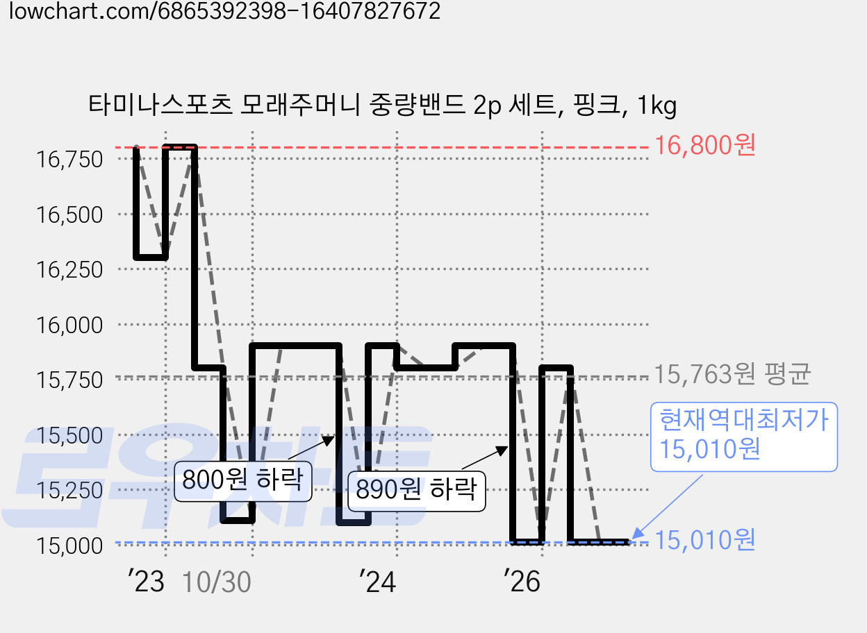 타미나스포츠 모래주머니 중량밴드 2p 세트, 핑크, 1kg 가격 변동 차트, 현재가 15,010원, 역대최저가