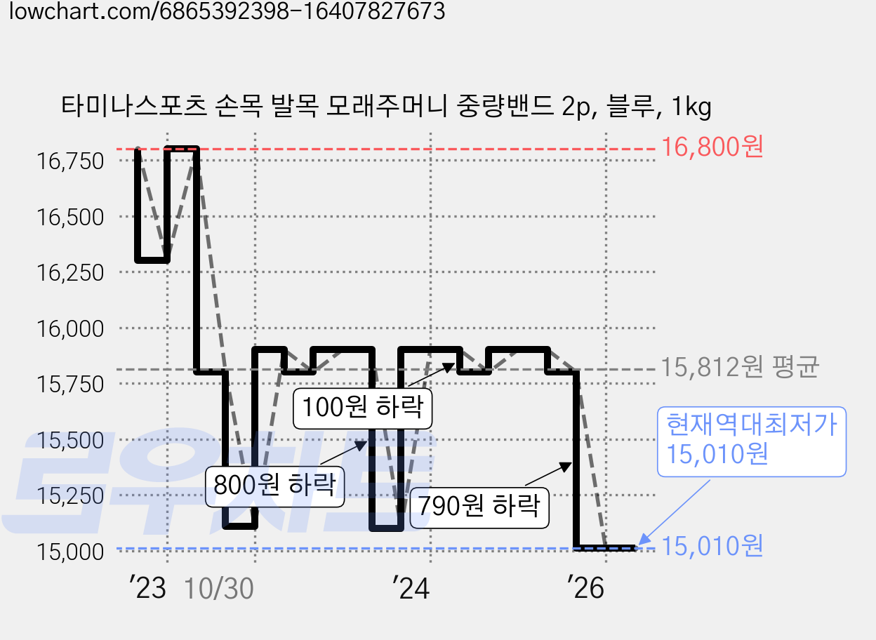 타미나스포츠 손목 발목 모래주머니 중량밴드 2p, 블루, 1kg 가격 변동 차트, 현재가 15,010원, 역대최저가