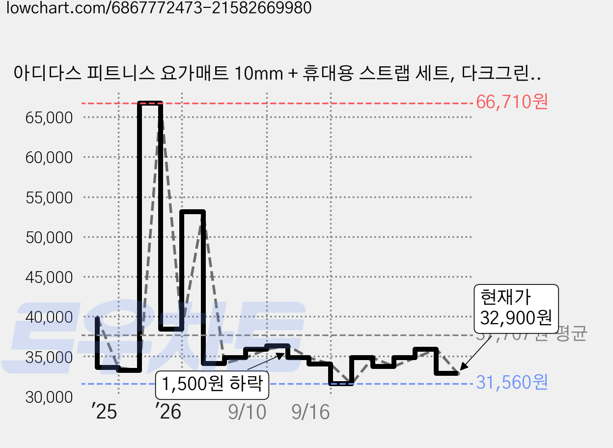 아디다스 피트니스 요가매트 10mm + 휴대용 스트랩 세트, 다크그린, 1개 가격 변동 차트, 현재가 32,900원, 관측 최저가 31,560원