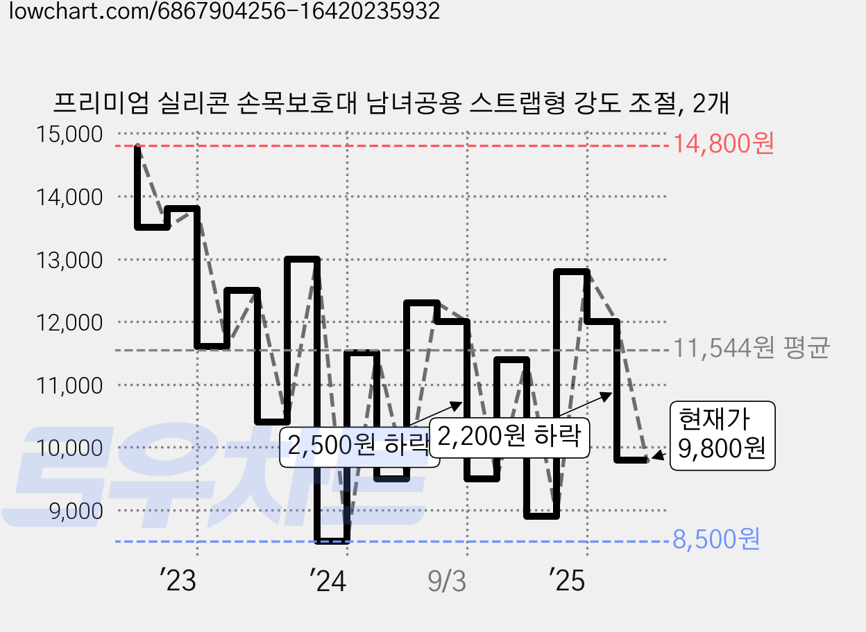 프리미엄 실리콘 손목보호대 남녀공용 스트랩형 강도 조절, 2개 가격 변동 차트, 현재가 9,800원, 관측 최저가 8,500원