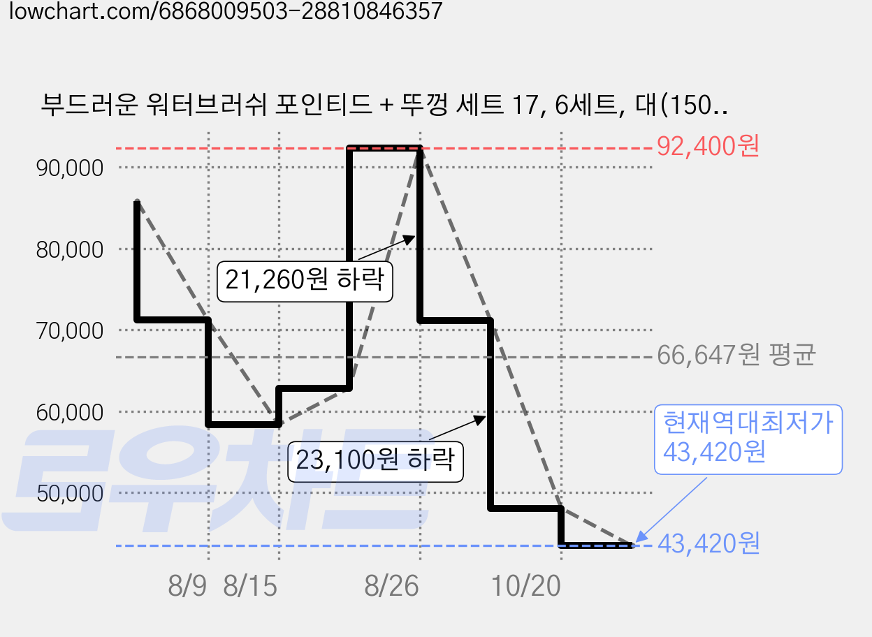 부드러운 워터브러쉬 포인티드 + 뚜껑 세트 17, 6세트, 대(150mm) 가격 변동 차트, 현재가 43,420원, 역대최저가