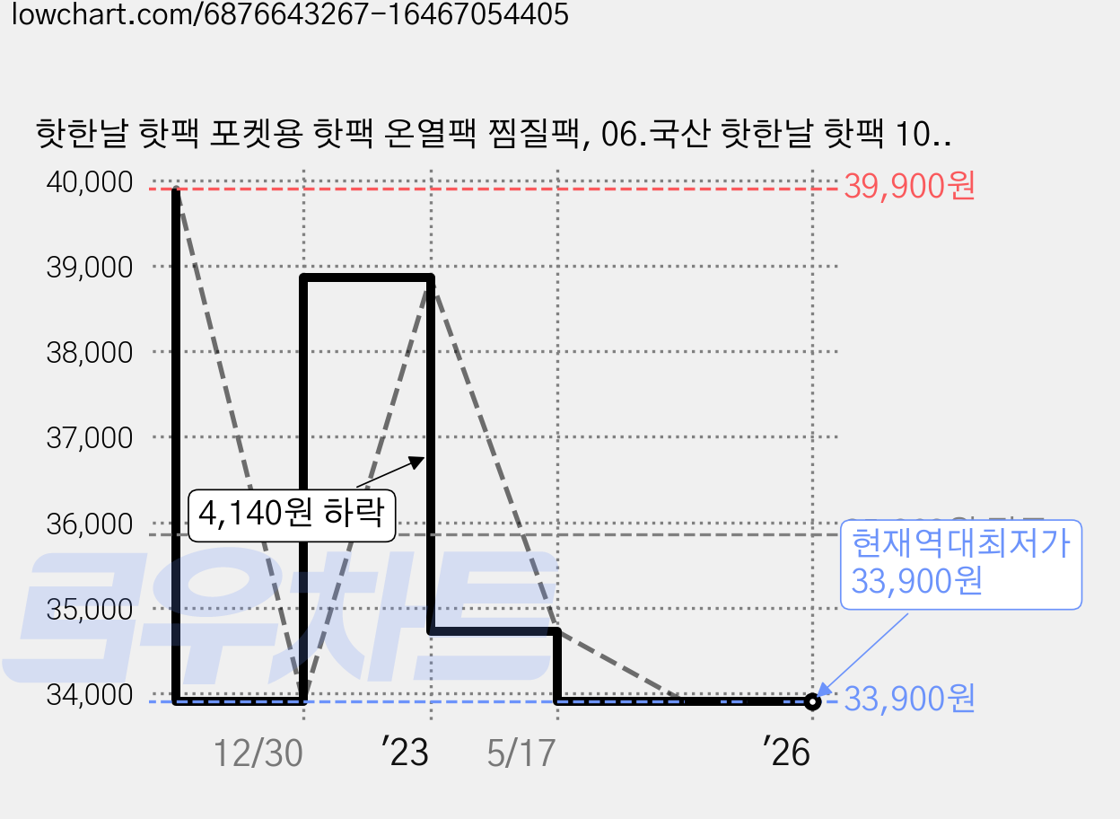 핫한날 핫팩 포켓용 핫팩 온열팩 찜질팩, 06.국산 핫한날 핫팩 100g 100매 가격 변동 차트, 현재가 33,900원, 역대최저가