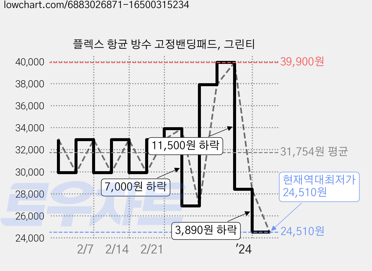 플렉스 항균 방수 고정밴딩패드, 그린티 가격 변동 차트, 현재가 24,510원, 역대최저가