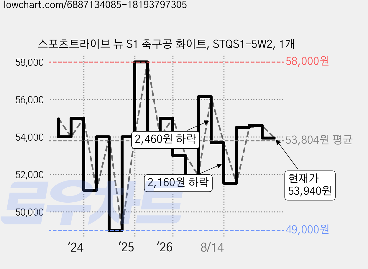 스포츠트라이브 뉴 S1 축구공 화이트, STQS1-5W2, 1개 가격 변동 차트, 현재가 53,940원, 관측 최저가 49,000원
