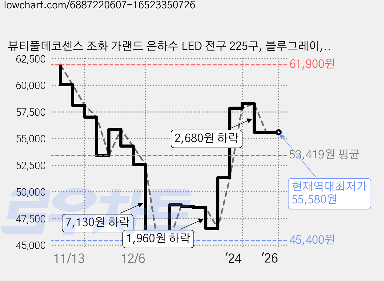 뷰티풀데코센스 조화 가랜드 은하수 LED 전구 225구, 블루그레이, 1개 가격 변동 차트, 현재가 55,580원, 역대최저가