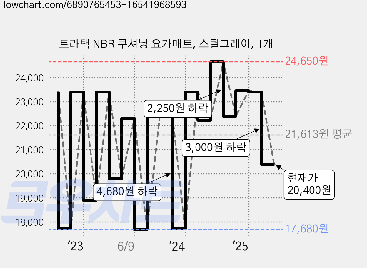 트라택 NBR 쿠셔닝 요가매트, 스틸그레이, 1개 가격 변동 차트, 현재가 20,400원, 관측 최저가 17,680원