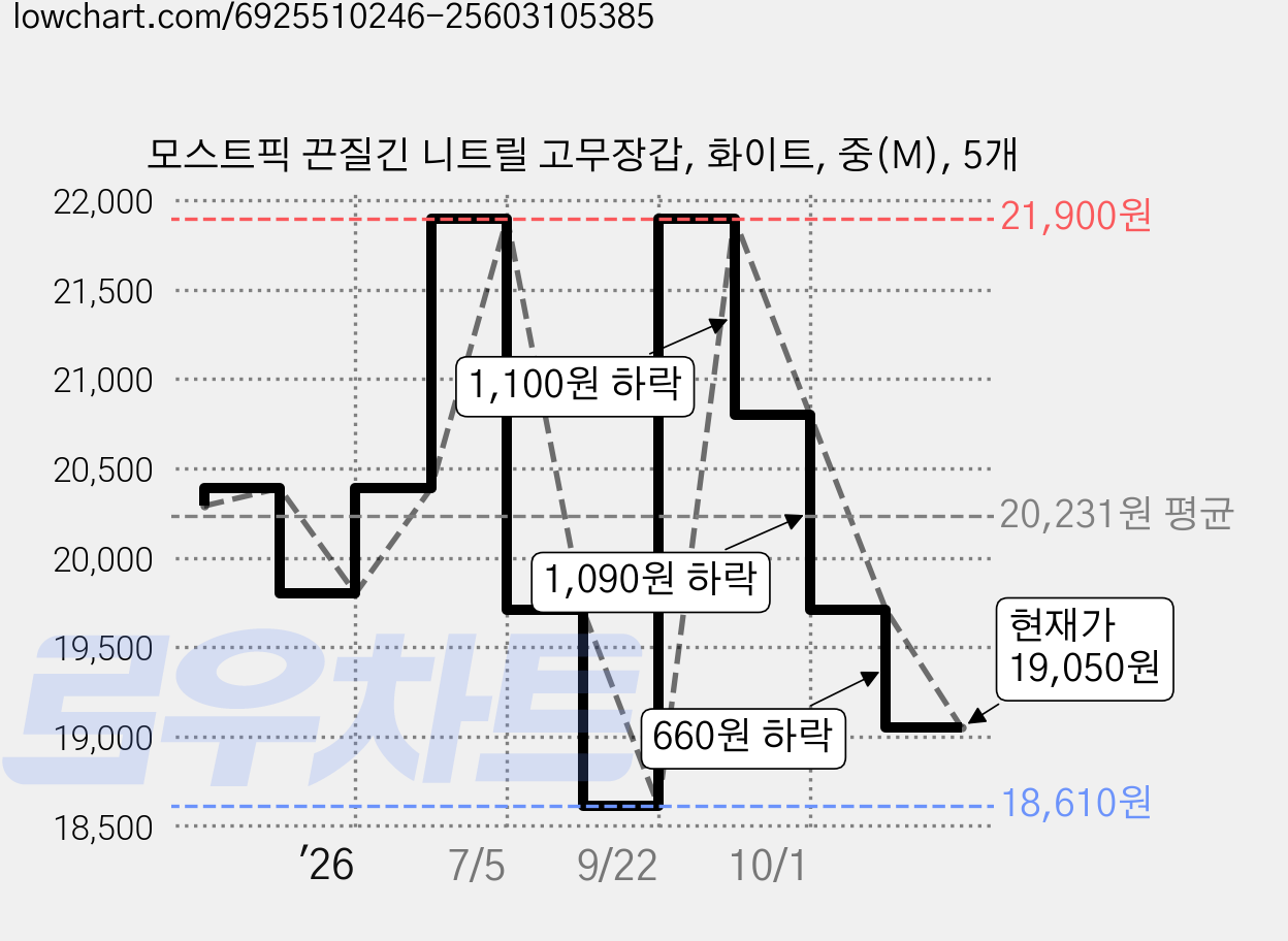 모스트픽 끈질긴 니트릴 고무장갑, 화이트, 중(M), 5개 가격 변동 차트, 현재가 19,050원, 관측 최저가 18,610원