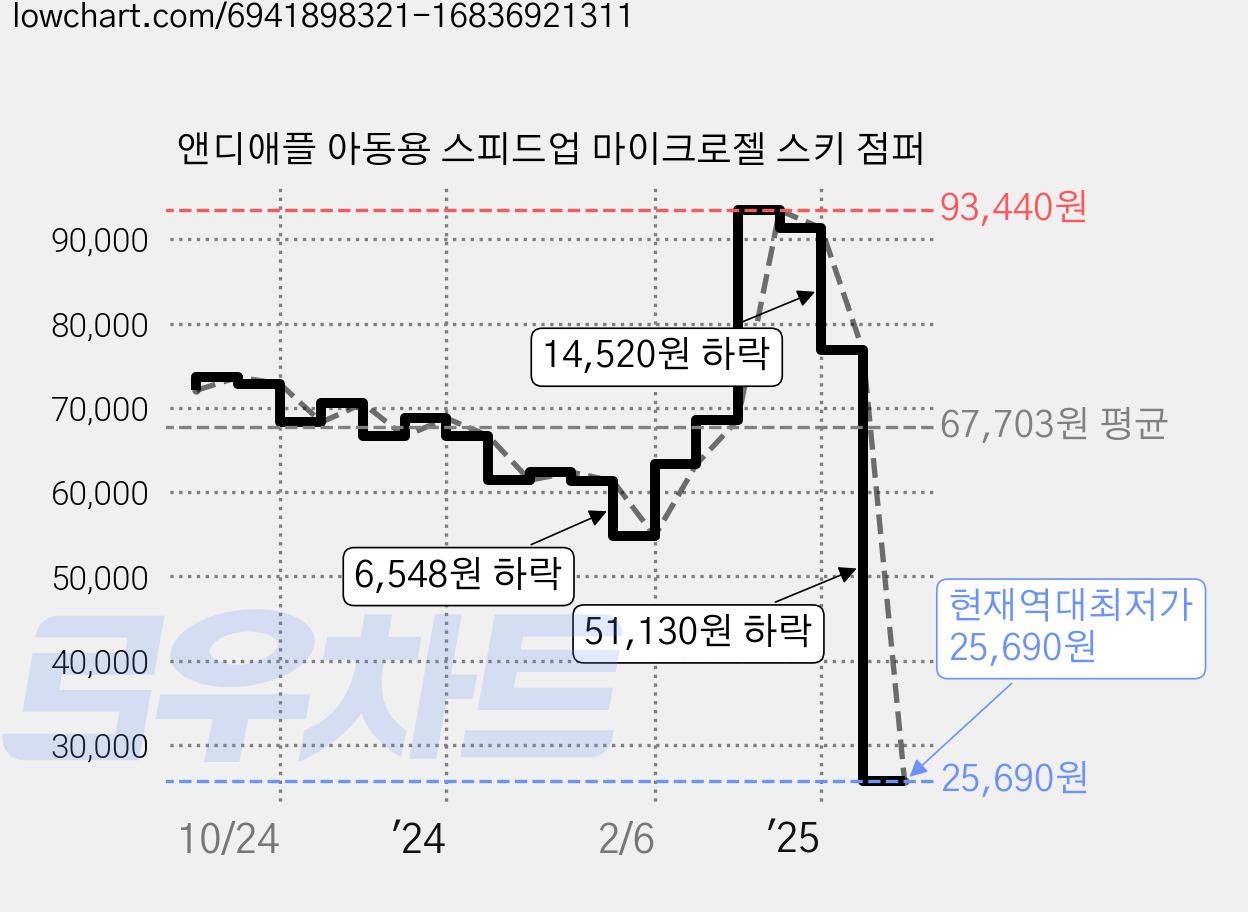 앤디애플 아동용 스피드업 마이크로젤 스키 점퍼 가격 변동 차트, 현재가 25,690원, 역대최저가