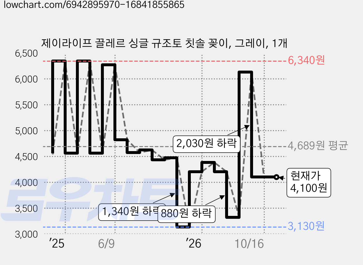 제이라이프 끌레르 싱글 규조토 칫솔 꽂이, 그레이, 1개 가격 변동 차트, 현재가 4,100원, 관측 최저가 3,130원