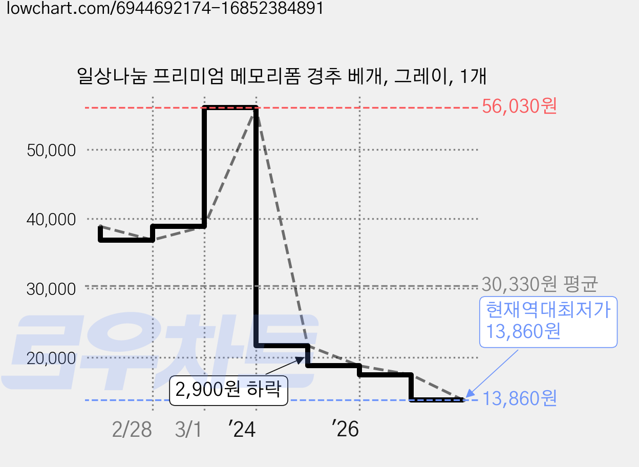 일상나눔 프리미엄 메모리폼 경추 베개, 그레이, 1개 가격 변동 차트, 현재가 13,860원, 역대최저가