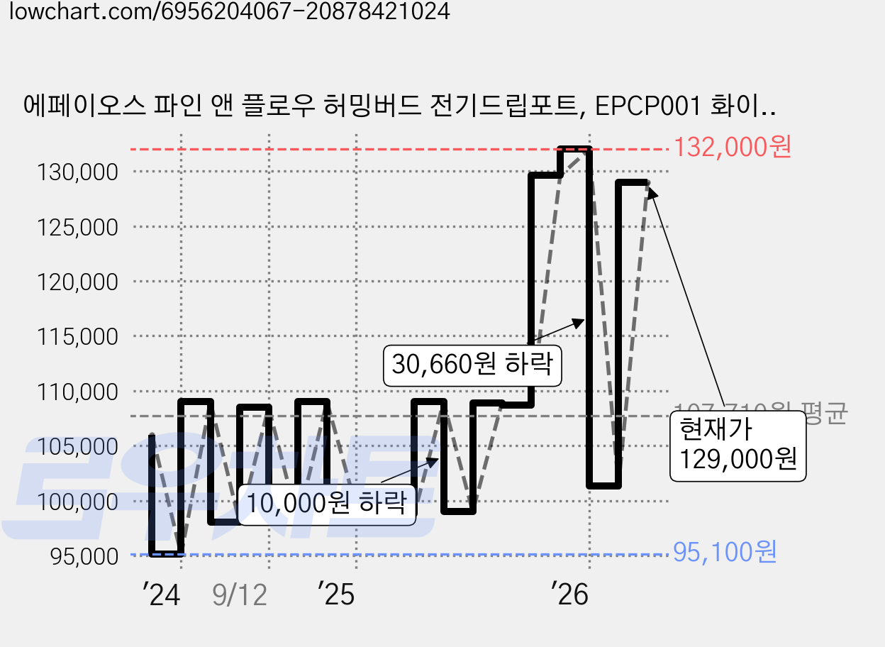 에페이오스 파인 앤 플로우 허밍버드 전기드립포트, EPCP001 화이트 가격 변동 차트, 현재가 129,000원, 관측 최저가 95,100원