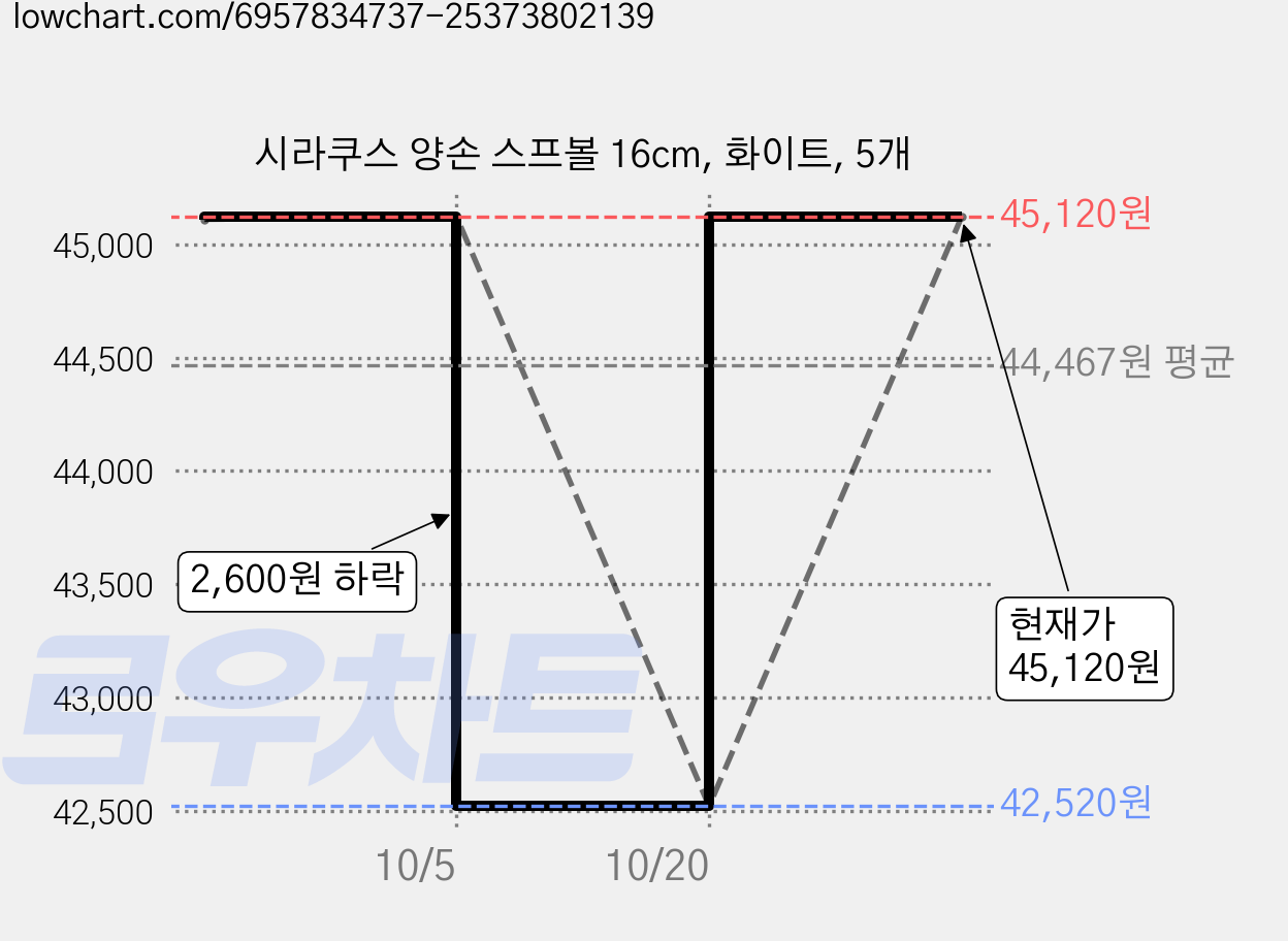 시라쿠스 양손 스프볼 16cm, 화이트, 5개 가격 변동 차트, 현재가 45,120원, 관측 최저가 42,520원