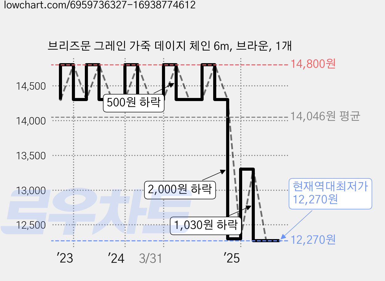 브리즈문 그레인 가죽 데이지 체인 6m, 브라운, 1개 가격 변동 차트, 현재가 12,270원, 역대최저가