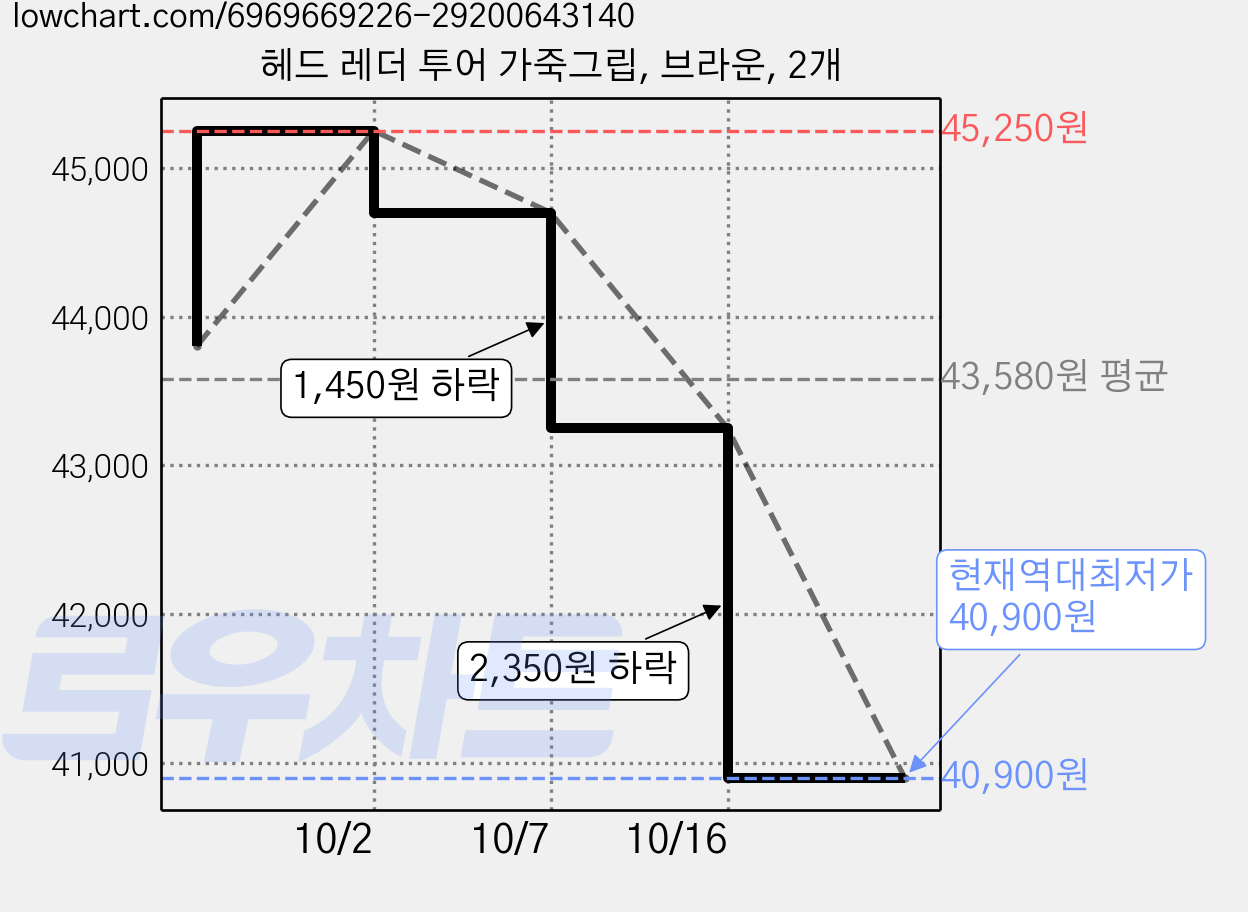 헤드 레더 투어 가죽그립, 브라운, 2개 가격 변동 차트, 현재가 40,900원, 역대최저가