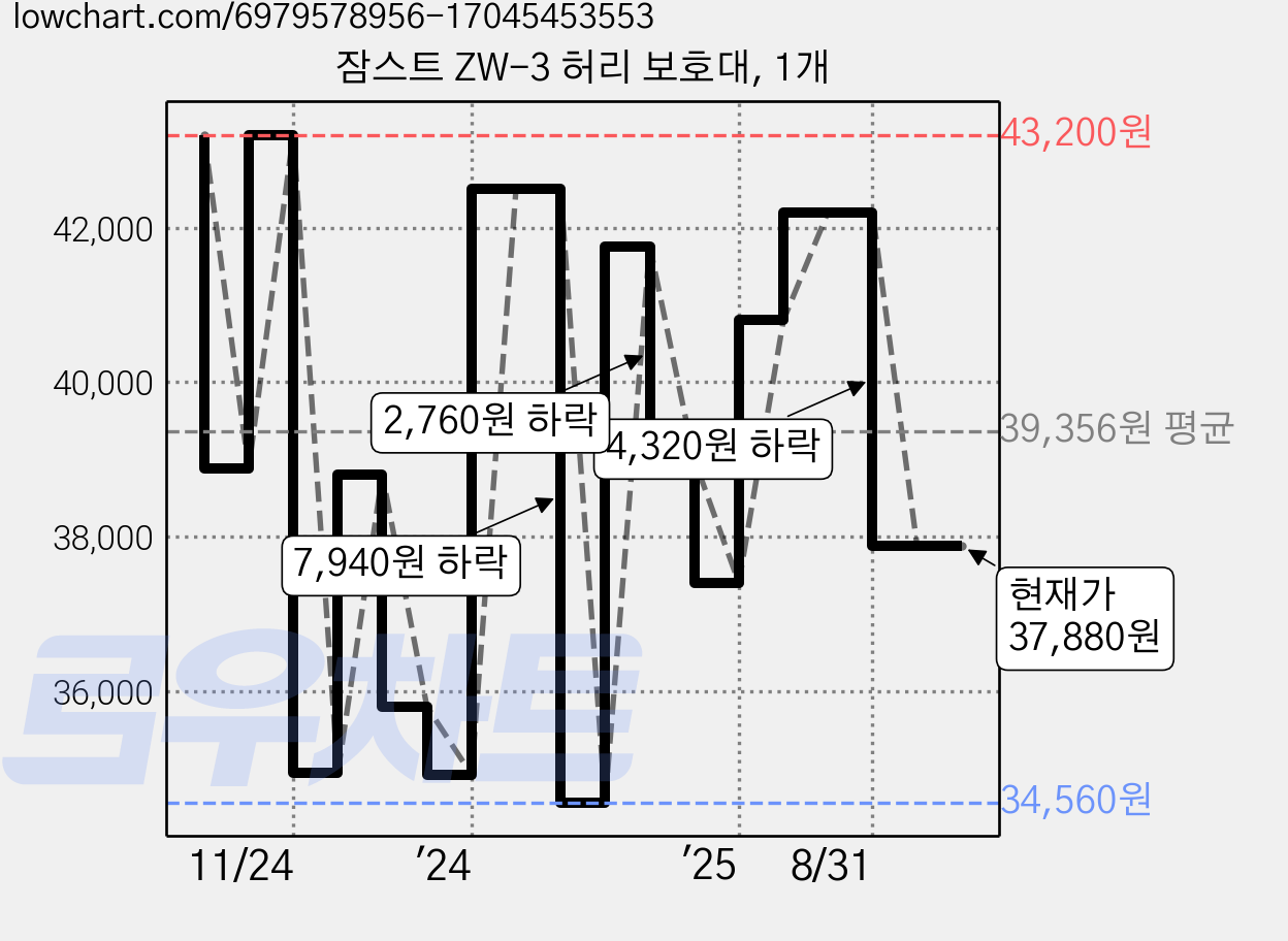 잠스트 ZW-3 허리 보호대, 1개 가격 변동 차트, 현재가 37,880원, 관측 최저가 32,400원