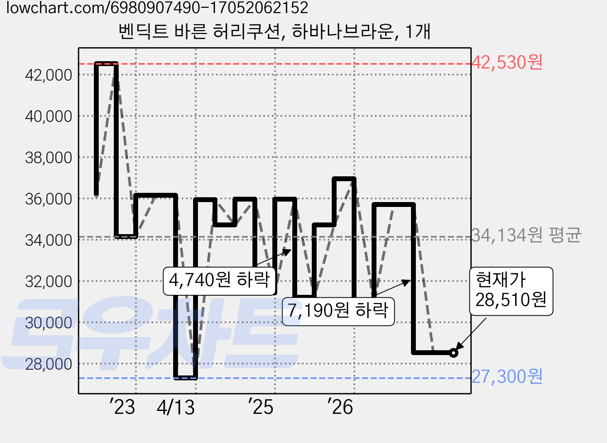 벤딕트 바른 허리쿠션, 하바나브라운, 1개 가격 변동 차트, 현재가 28,510원, 관측 최저가 27,300원