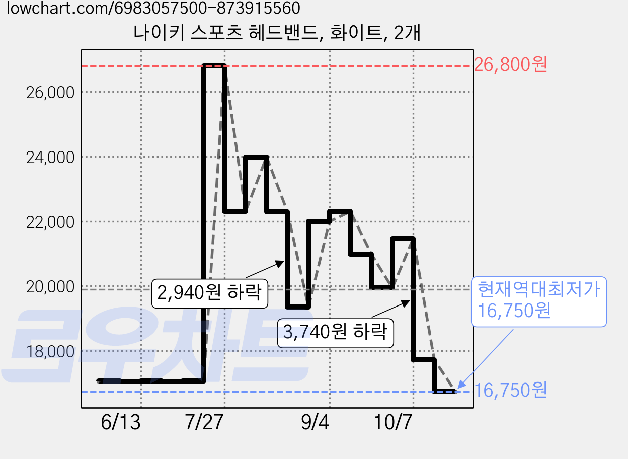 나이키 스포츠 헤드밴드, 화이트, 2개 가격 변동 차트, 현재가 16,750원, 역대최저가