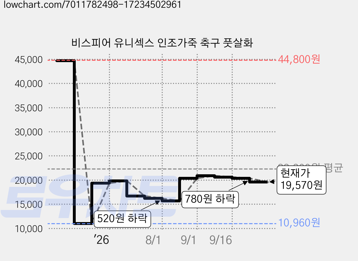 비스피어 유니섹스 인조가죽 축구 풋살화 가격 변동 차트, 현재가 19,570원, 관측 최저가 10,960원