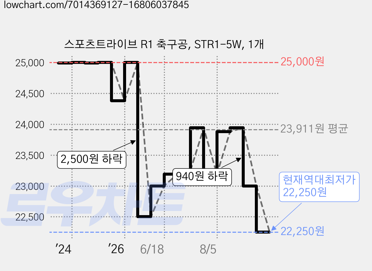 스포츠트라이브 R1 축구공, STR1-5W, 1개 가격 변동 차트, 현재가 22,250원, 역대최저가