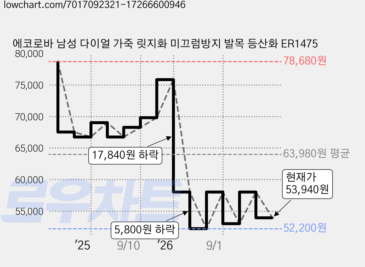 에코로바 남성 다이얼 가죽 릿지화 미끄럼방지 발목 등산화 ER1475 가격 변동 차트, 현재가 53,940원, 관측 최저가 52,200원