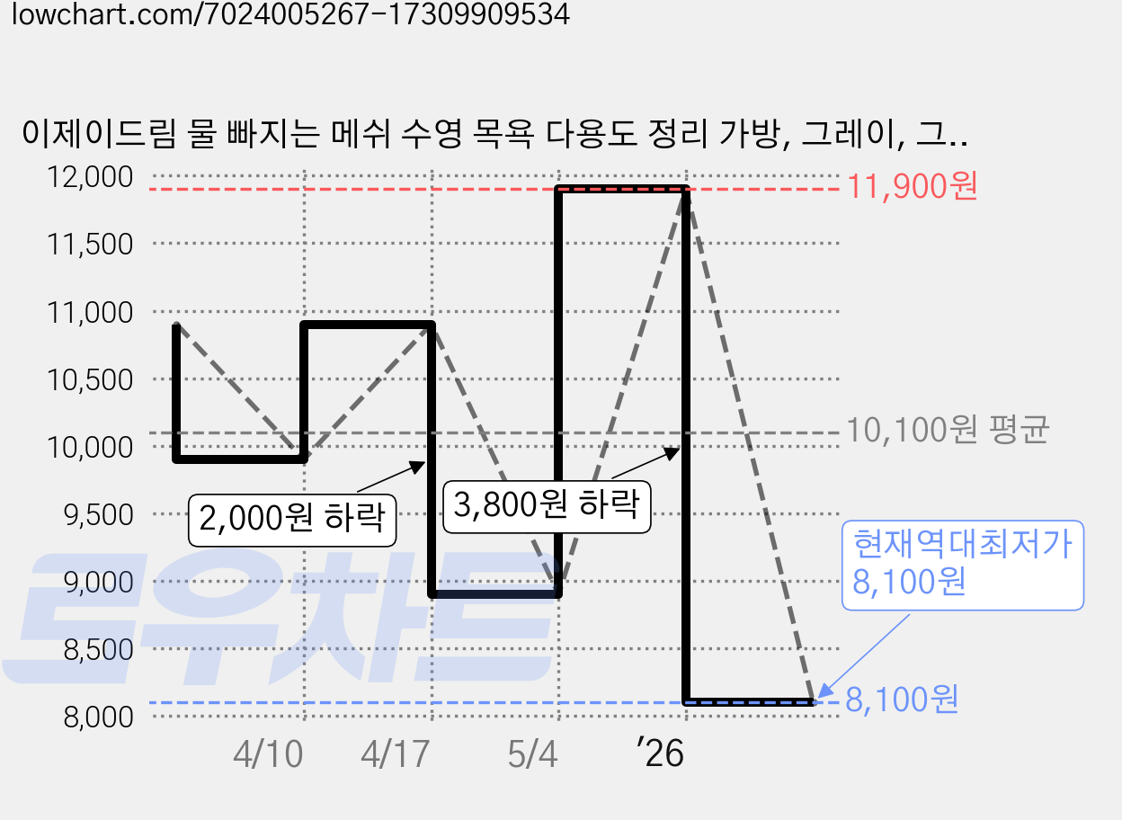 이제이드림 물 빠지는 메쉬 수영 목욕 다용도 정리 가방, 그레이, 그레이 가격 변동 차트, 현재가 8,100원, 역대최저가