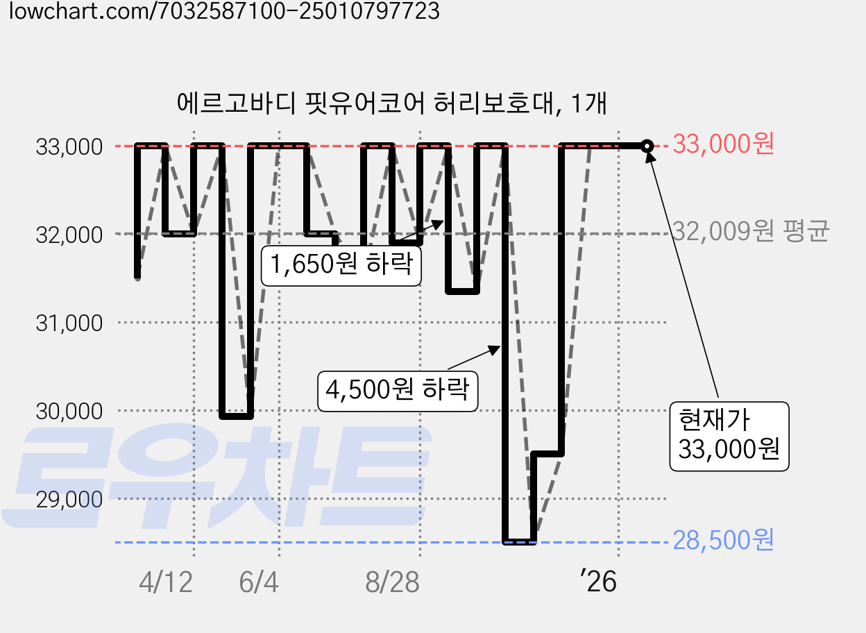 에르고바디 핏유어코어 허리보호대, 1개 가격 변동 차트, 현재가 33,000원, 관측 최저가 28,500원