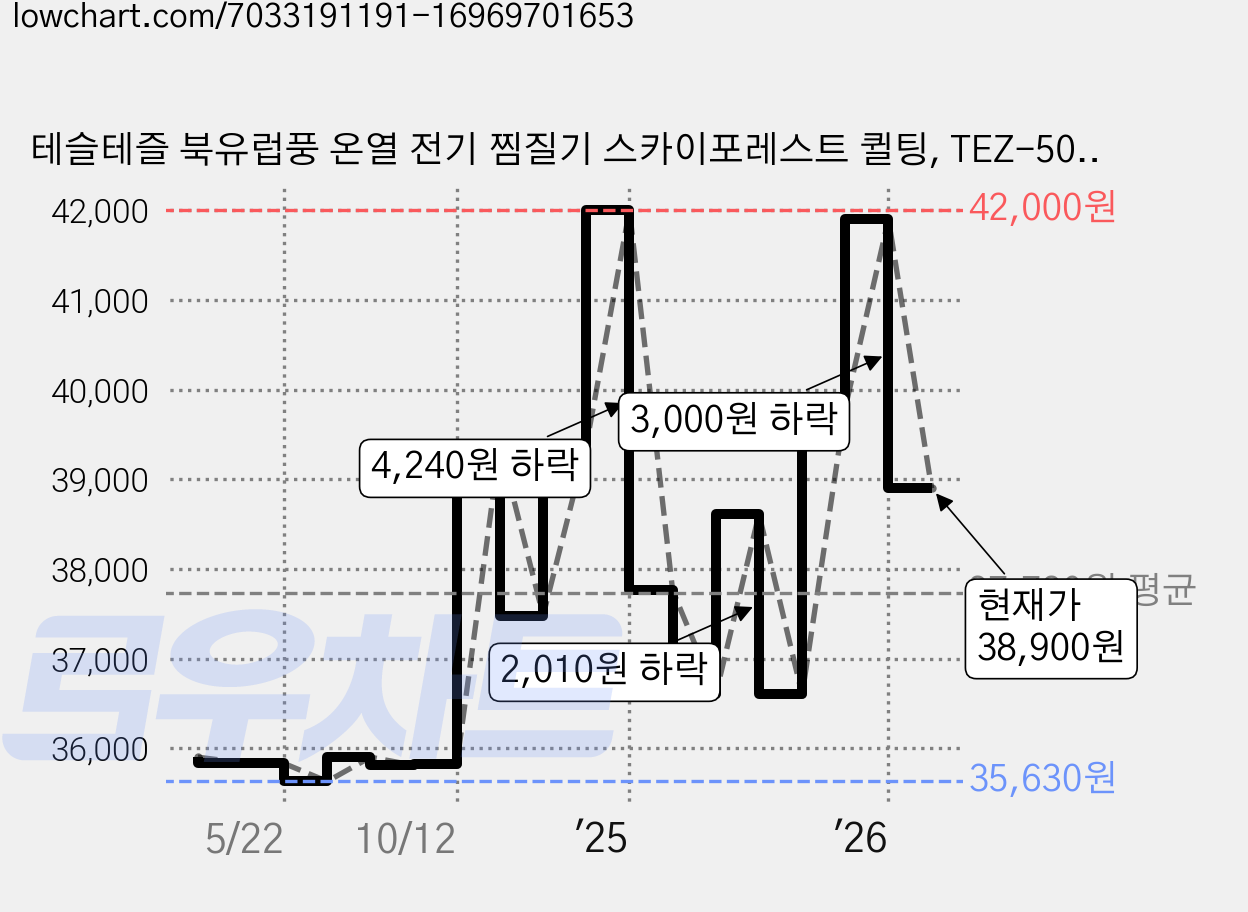 테슬테즐 북유럽풍 온열 전기 찜질기 스카이포레스트 퀼팅, TEZ-500 가격 변동 차트, 현재가 38,900원, 관측 최저가 35,630원